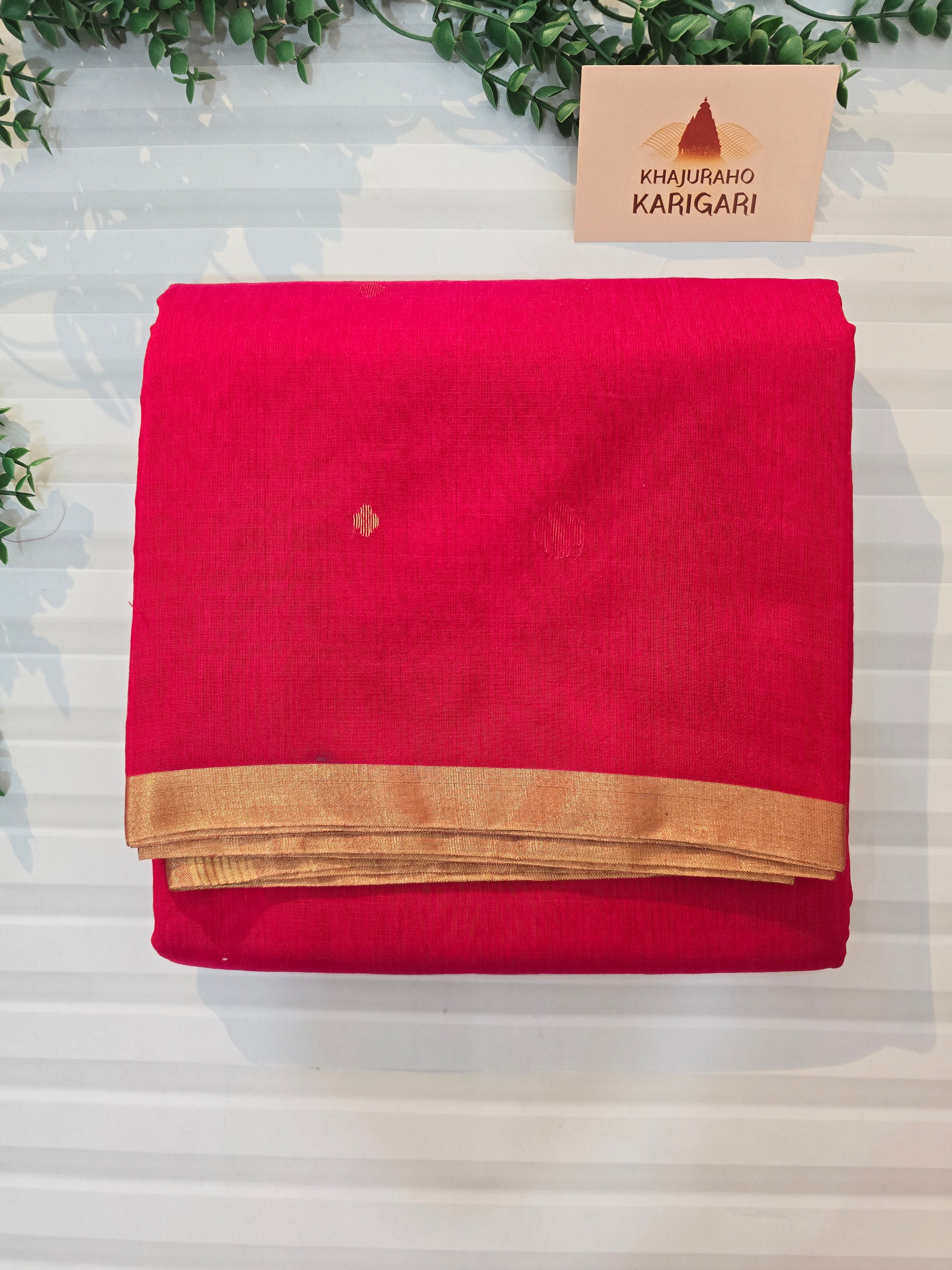 Pure Handwoven Chanderi Small Motifs Narrow Zari Border - Red