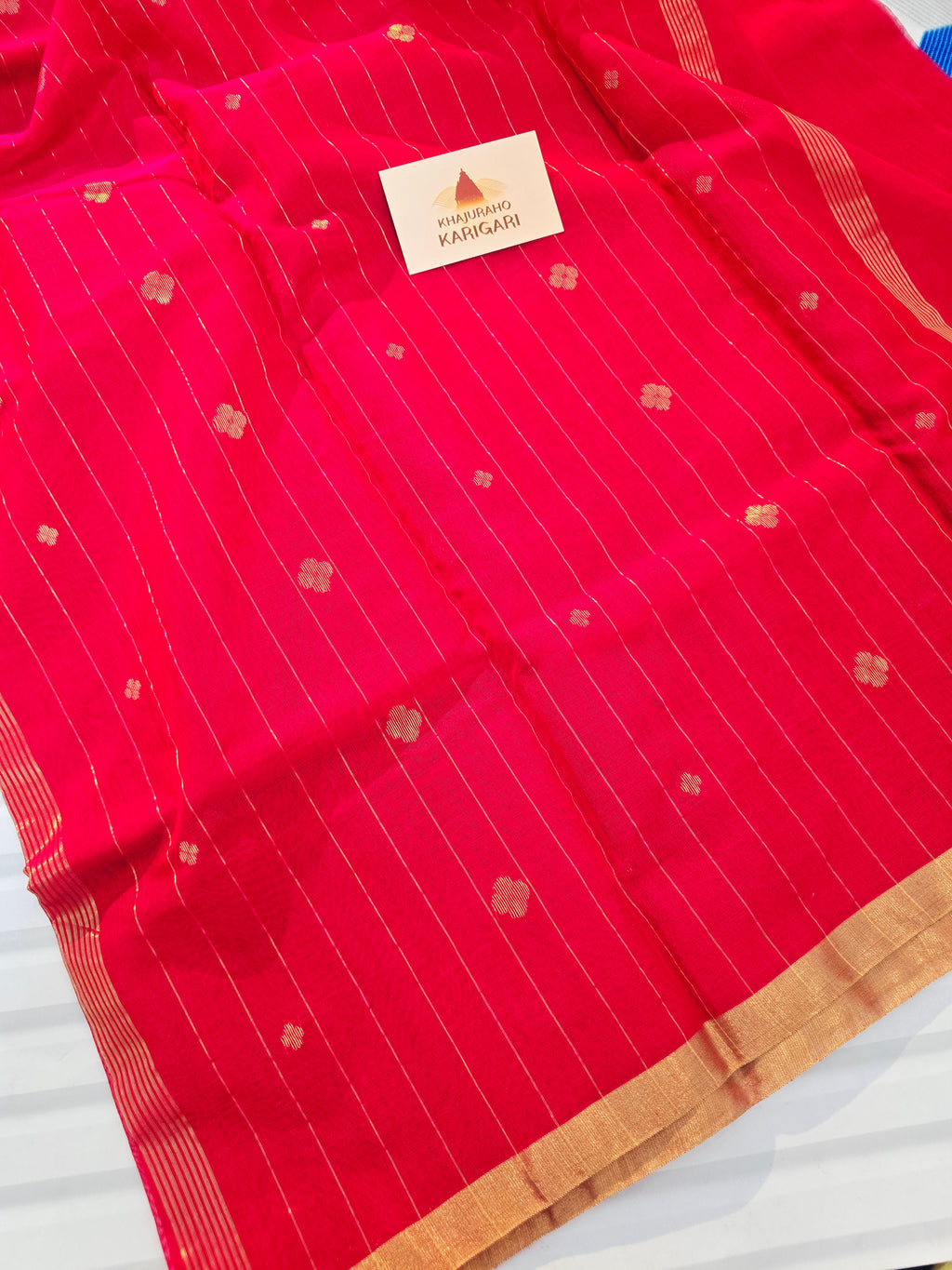 Pure Handwoven Chanderi Small Motifs Narrow Zari Border - Red
