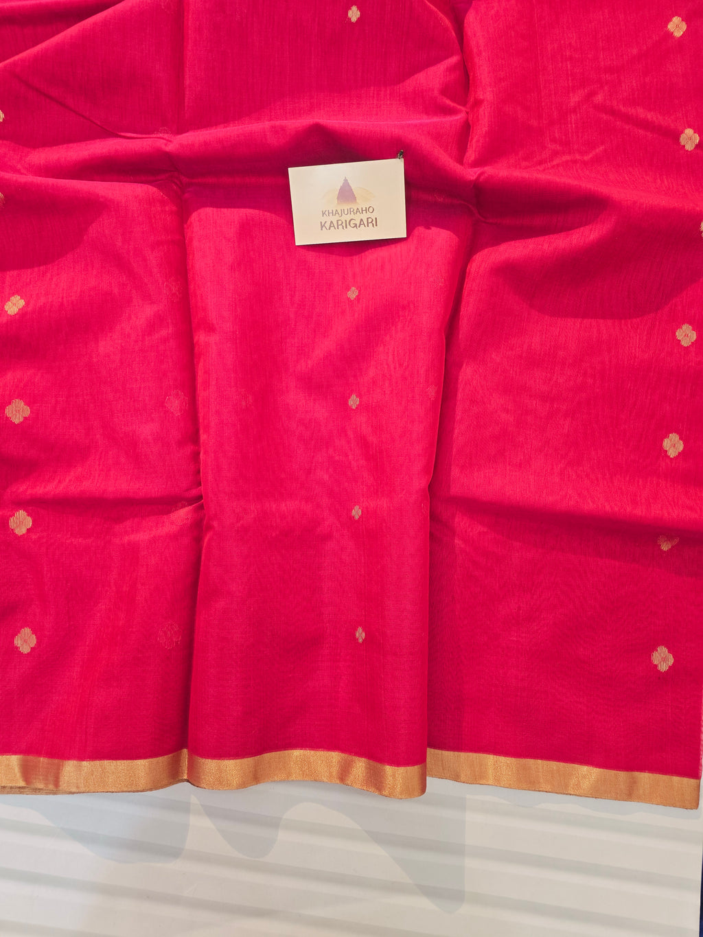 Pure Handwoven Chanderi Small Motifs Narrow Zari Border - Red