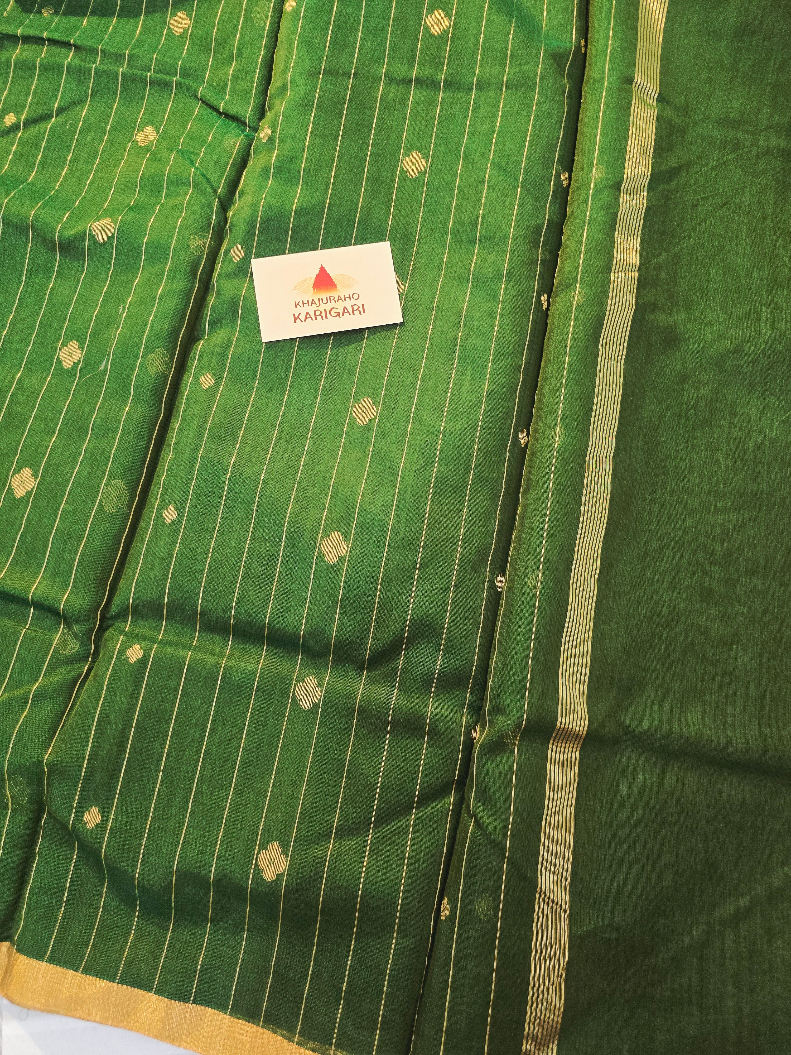 Pure Handwoven Chanderi Small Motifs Narrow Zari Border - Green