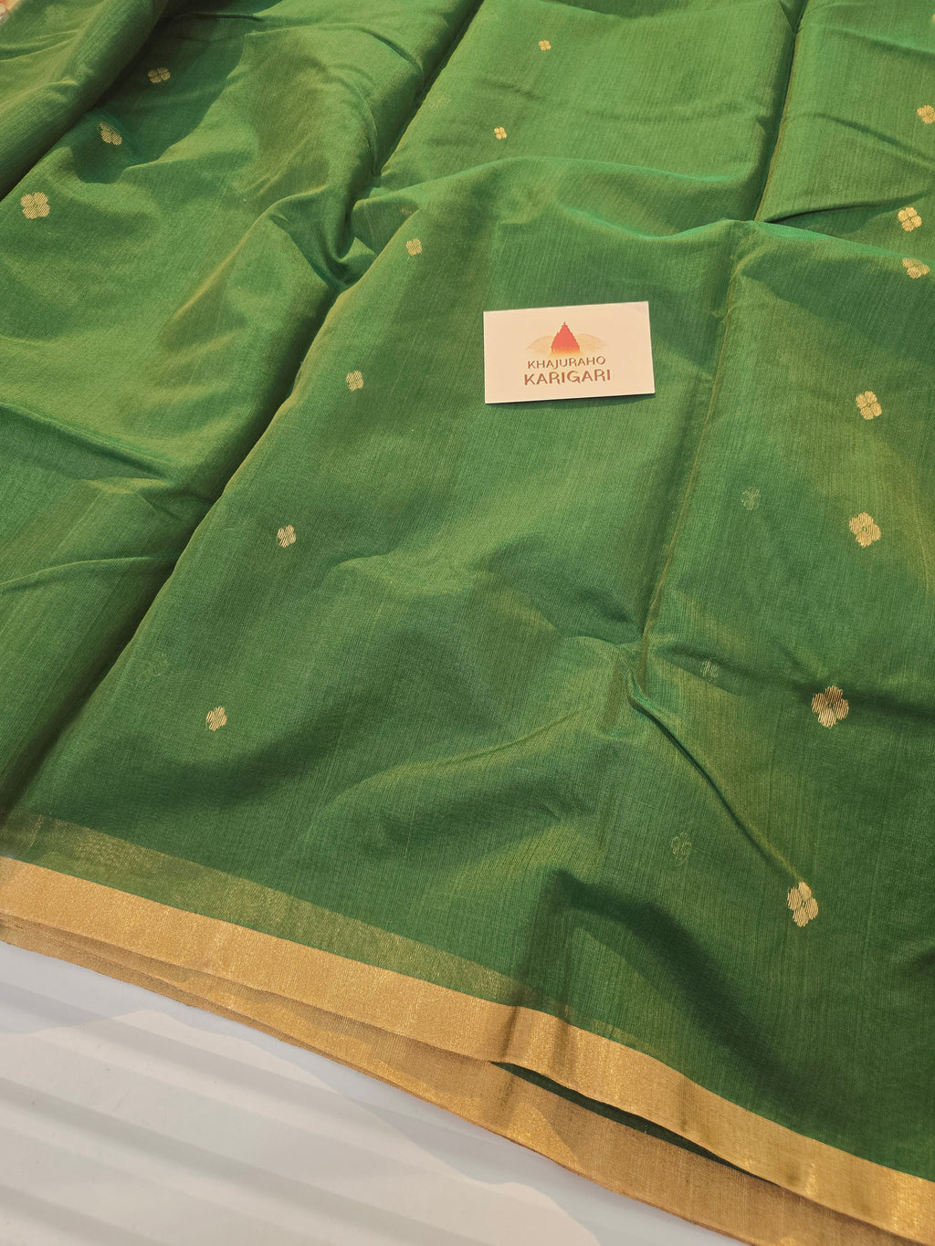 Pure Handwoven Chanderi Small Motifs Narrow Zari Border - Green