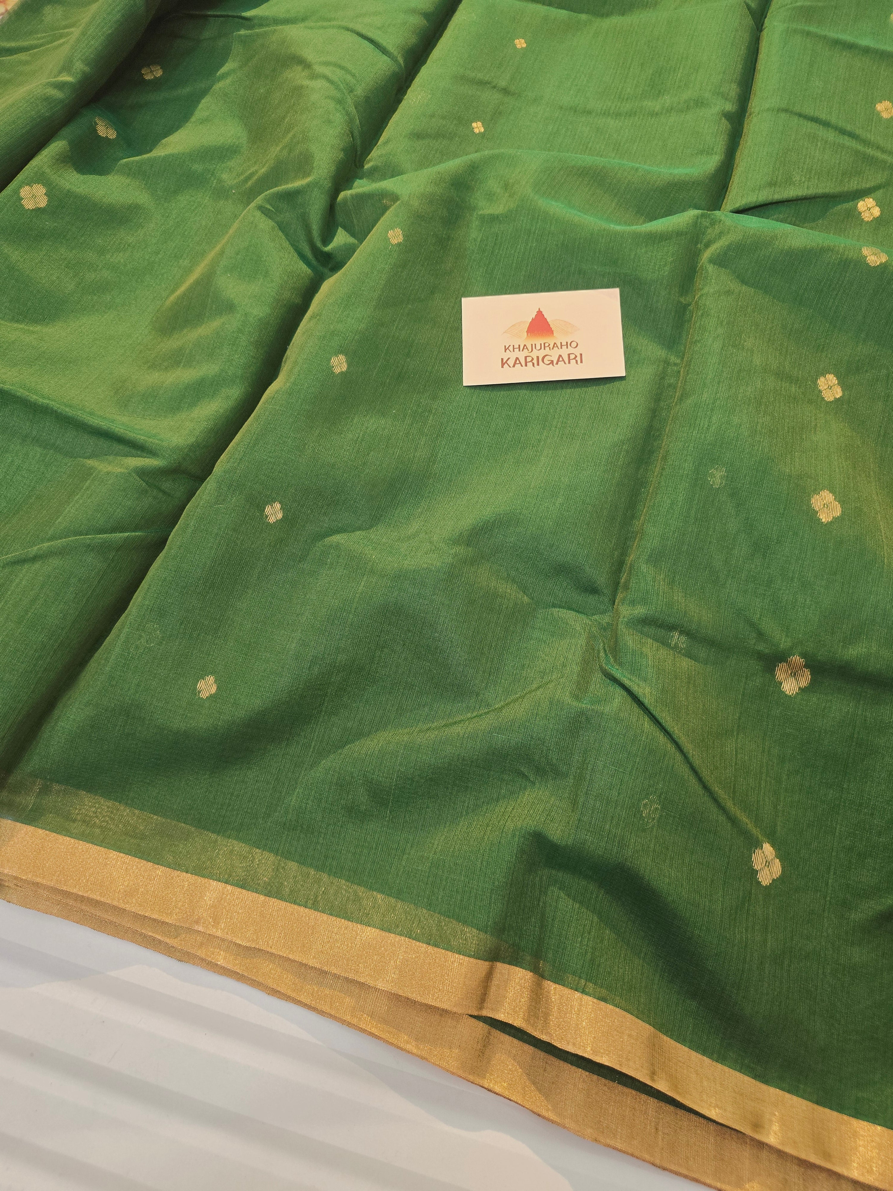 Pure Handwoven Chanderi Small Motifs Narrow Zari Border - Green