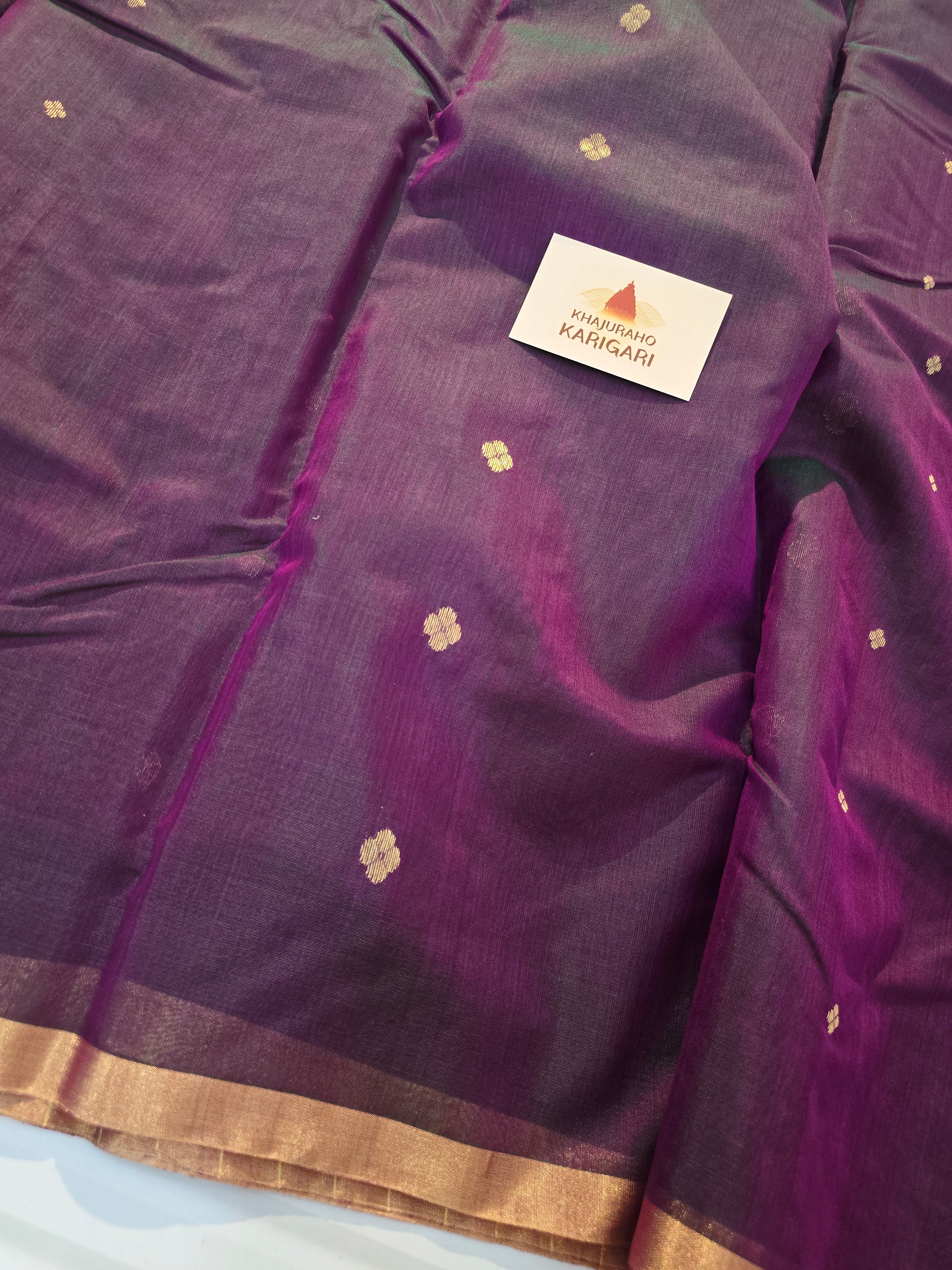 Pure Handloom Chanderi Silk Cotton Saree Narrow zari border Small Motifs - Purple