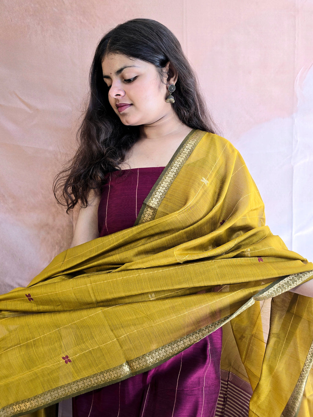 Pure Handwoven Maheshwari Kurta Dupatta Set -  Wine Gold