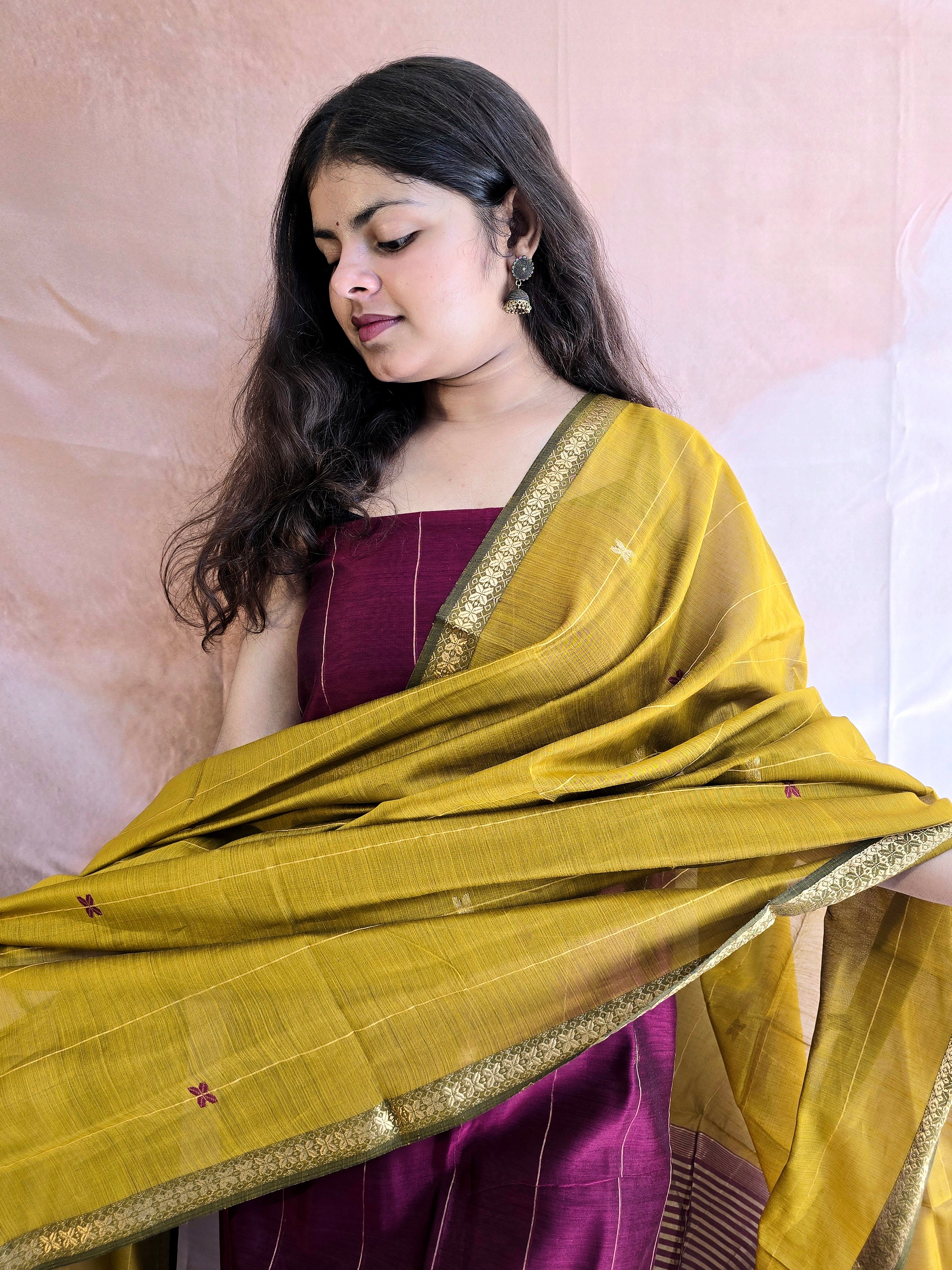 Pure Handwoven Maheshwari Kurta Dupatta Set -  Wine Gold