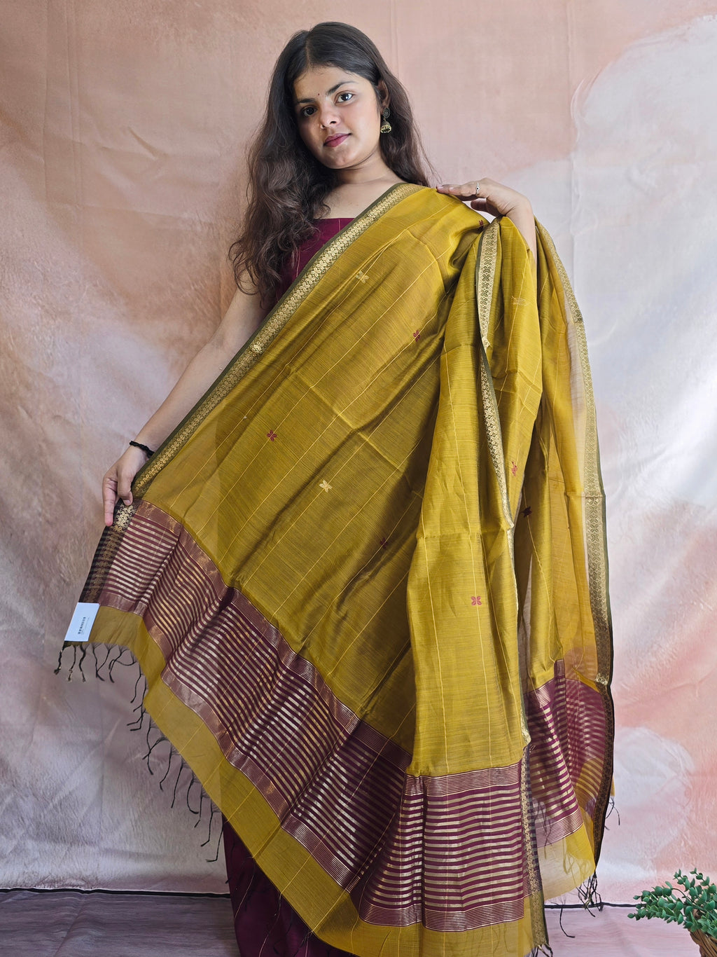 Pure Handwoven Maheshwari Kurta Dupatta Set -  Wine Gold