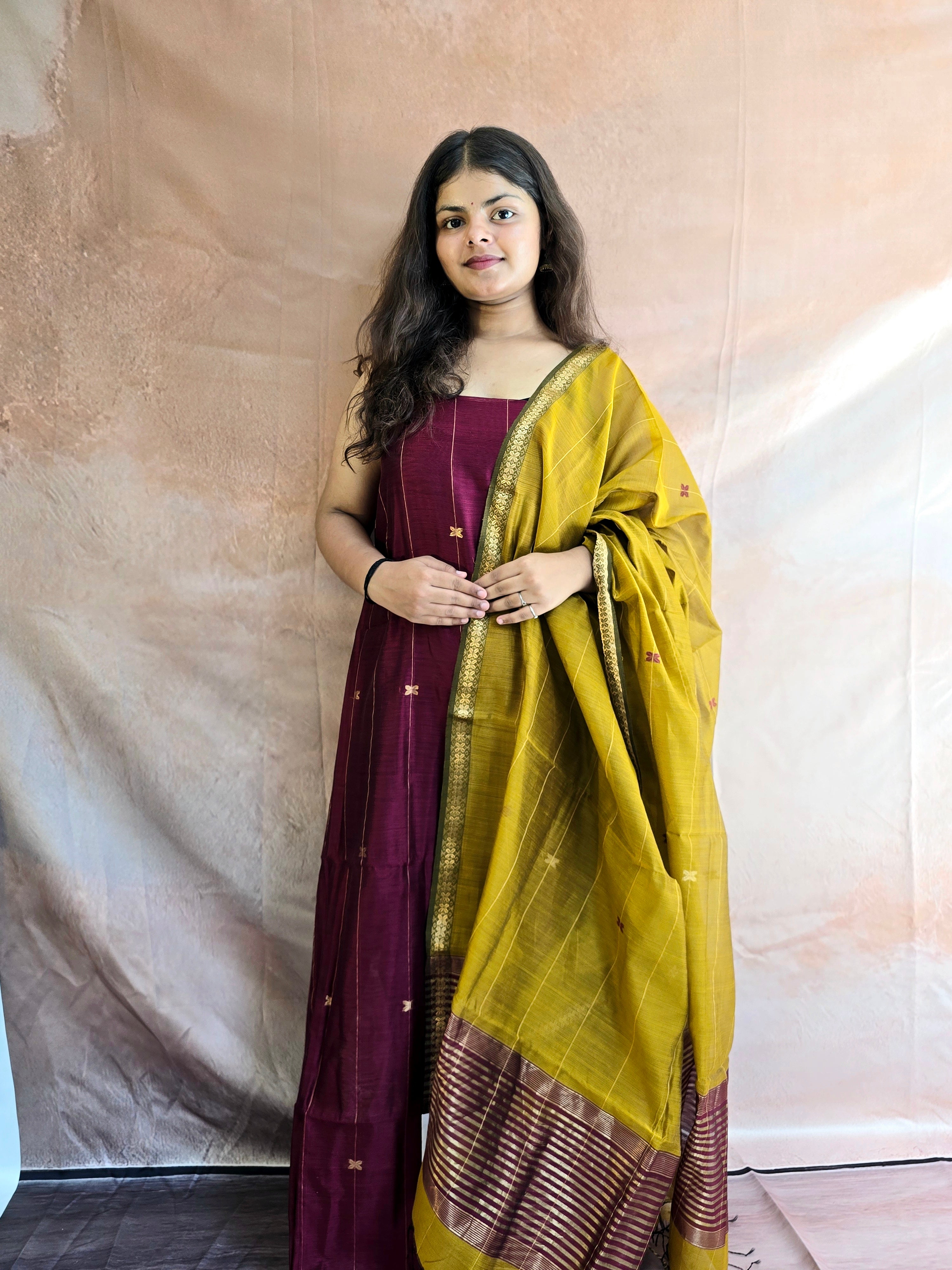 Pure Handwoven Maheshwari Kurta Dupatta Set -  Wine Gold