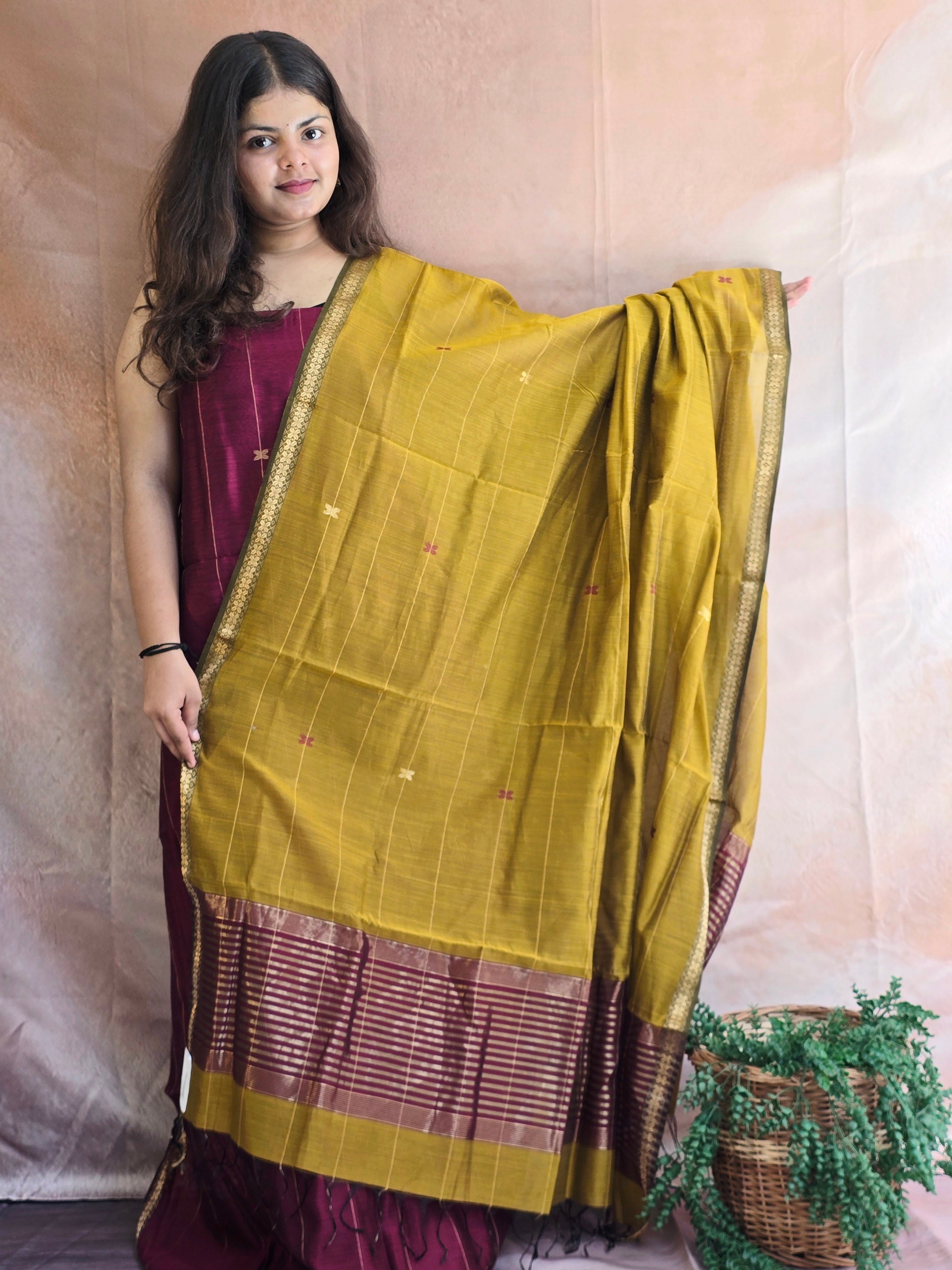 Pure Handwoven Maheshwari Kurta Dupatta Set -  Wine Gold