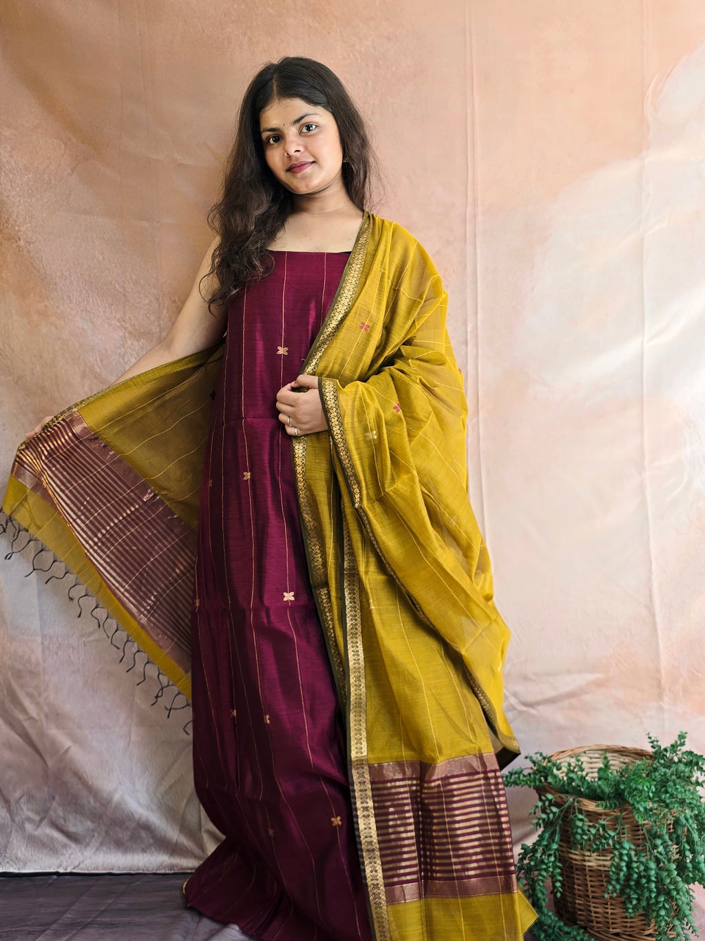 Pure Handwoven Maheshwari Kurta Dupatta Set -  Wine Gold