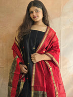 Pure Handwoven Maheshwari Kurta Dupatta Set - Black Red