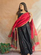 Pure Handwoven Maheshwari Kurta Dupatta Set - Black Red