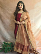 Pure Handwoven Maheshwari Kurta Dupatta Set - Maroon and Beige