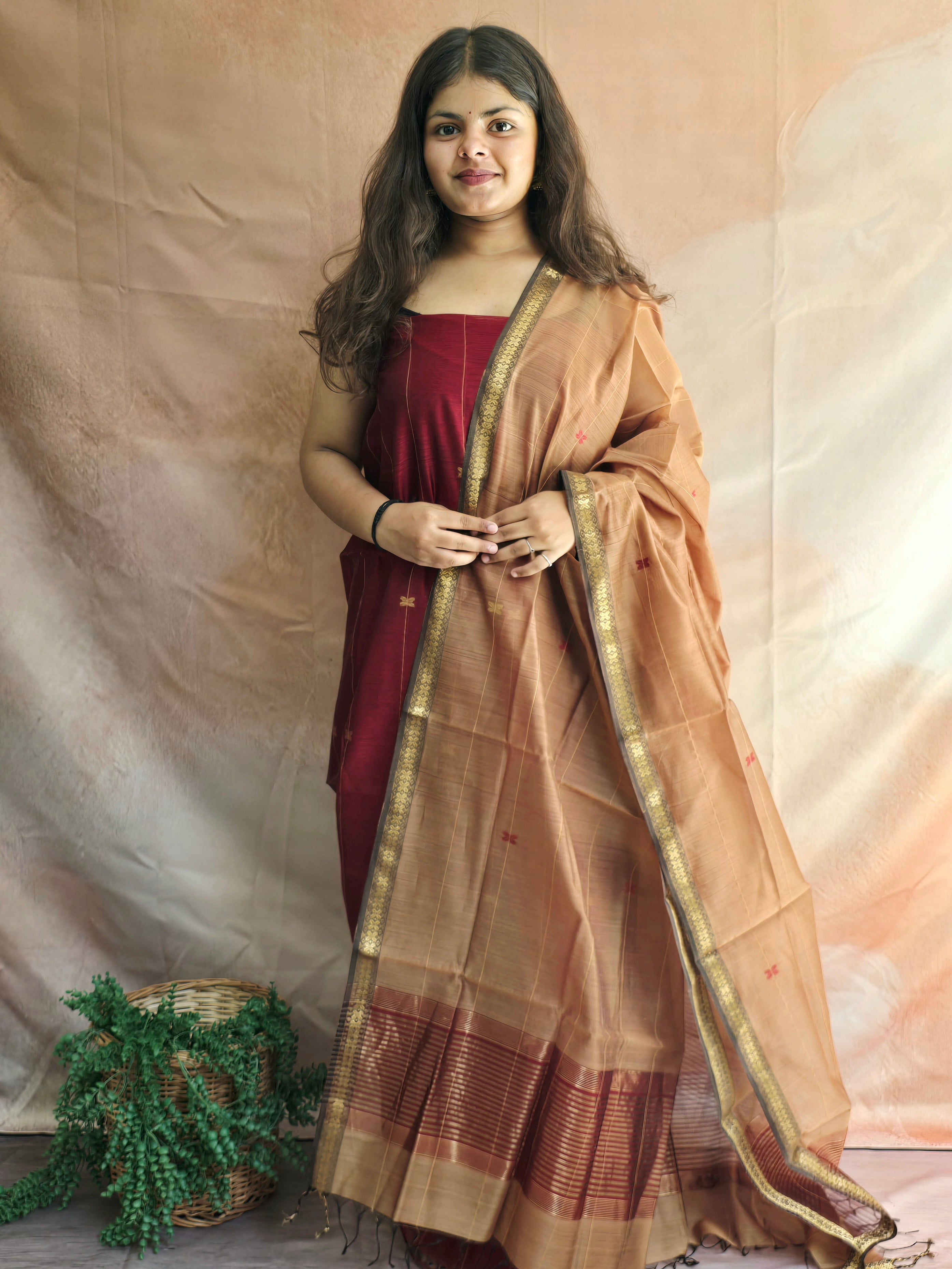 Pure Handwoven Maheshwari Kurta Dupatta Set - Maroon and Beige
