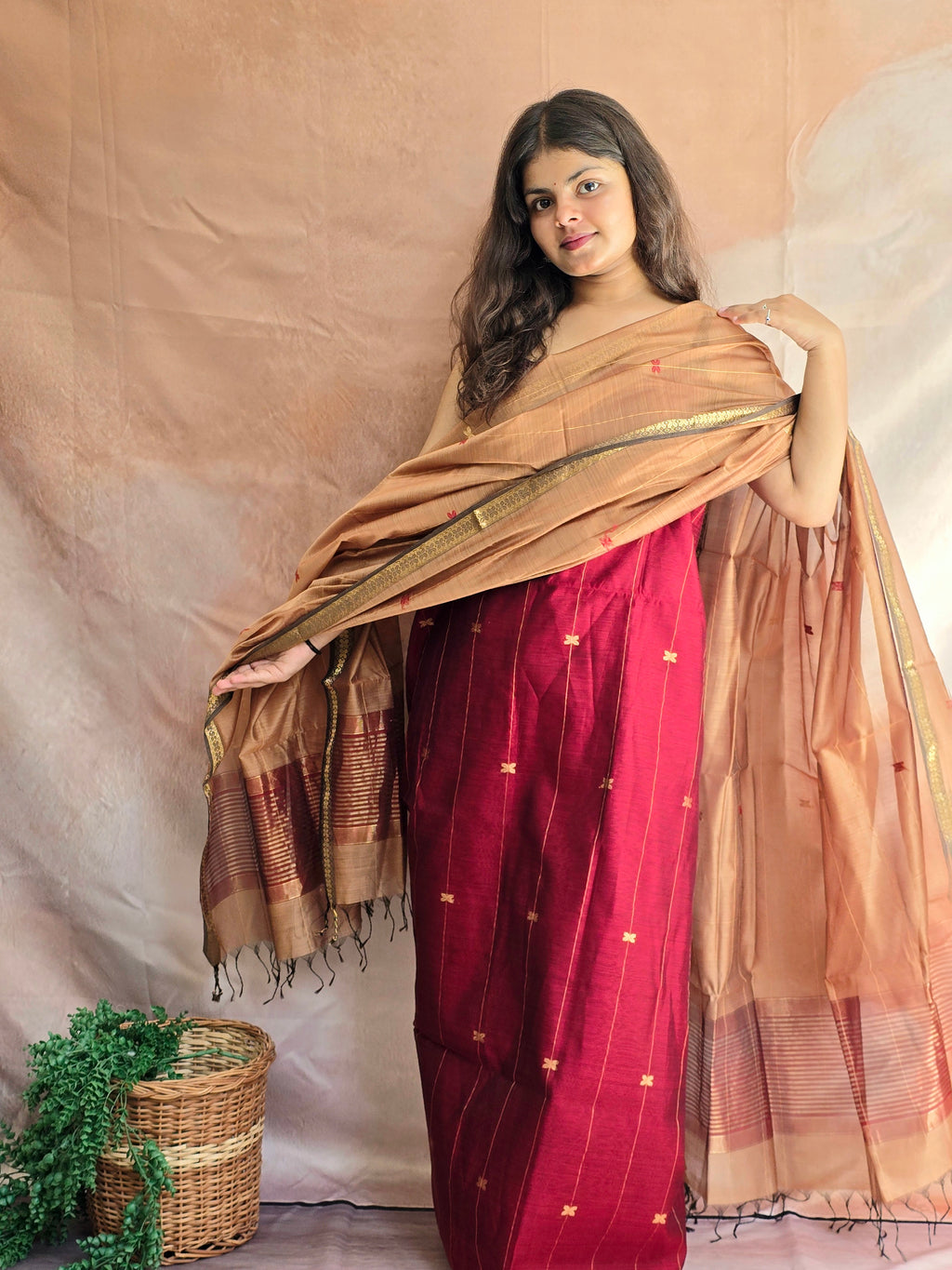Pure Handwoven Maheshwari Kurta Dupatta Set - Maroon and Beige