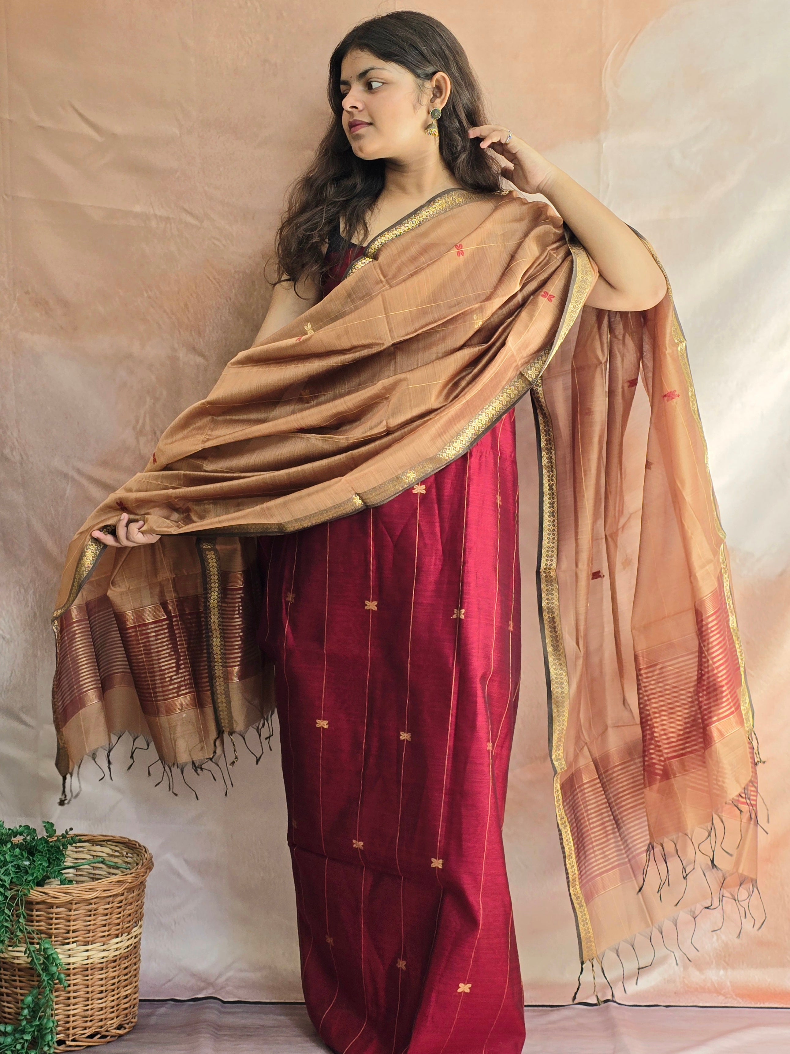 Pure Handwoven Maheshwari Kurta Dupatta Set - Maroon and Beige