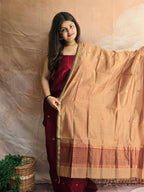 Pure Handwoven Maheshwari Kurta Dupatta Set - Maroon and Beige