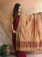 Pure Handwoven Maheshwari Kurta Dupatta Set - Maroon and Beige