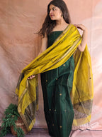 Pure Handwoven Maheshwari Kurta Dupatta Set - Green Yellow
