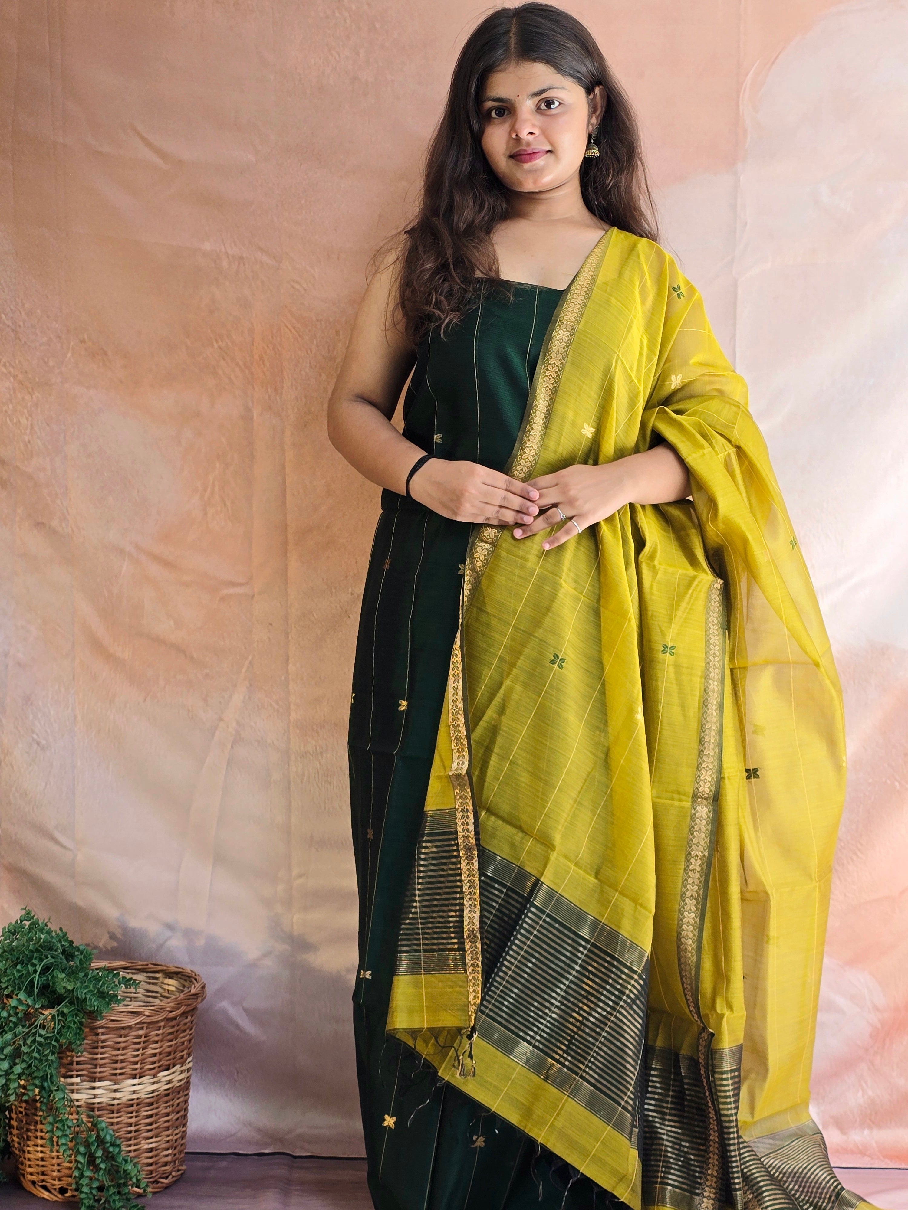 Pure Handwoven Maheshwari Kurta Dupatta Set - Green Yellow