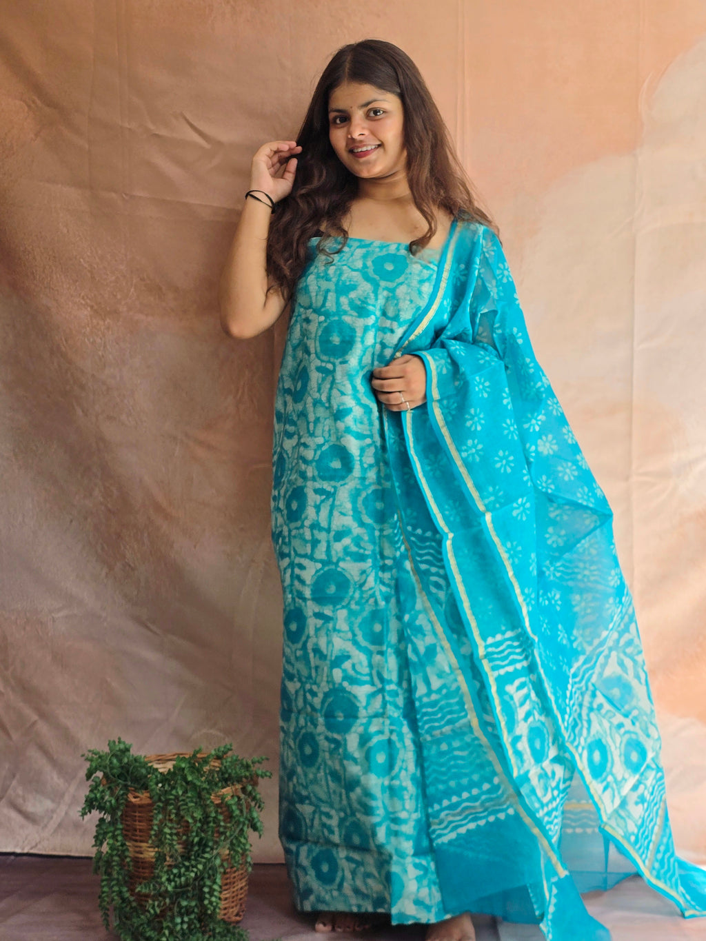 Handblock Printed Chanderi Dress Material Set - Blue