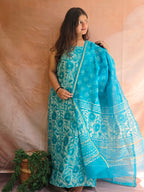 Handblock Printed Chanderi Dress Material Set - Blue