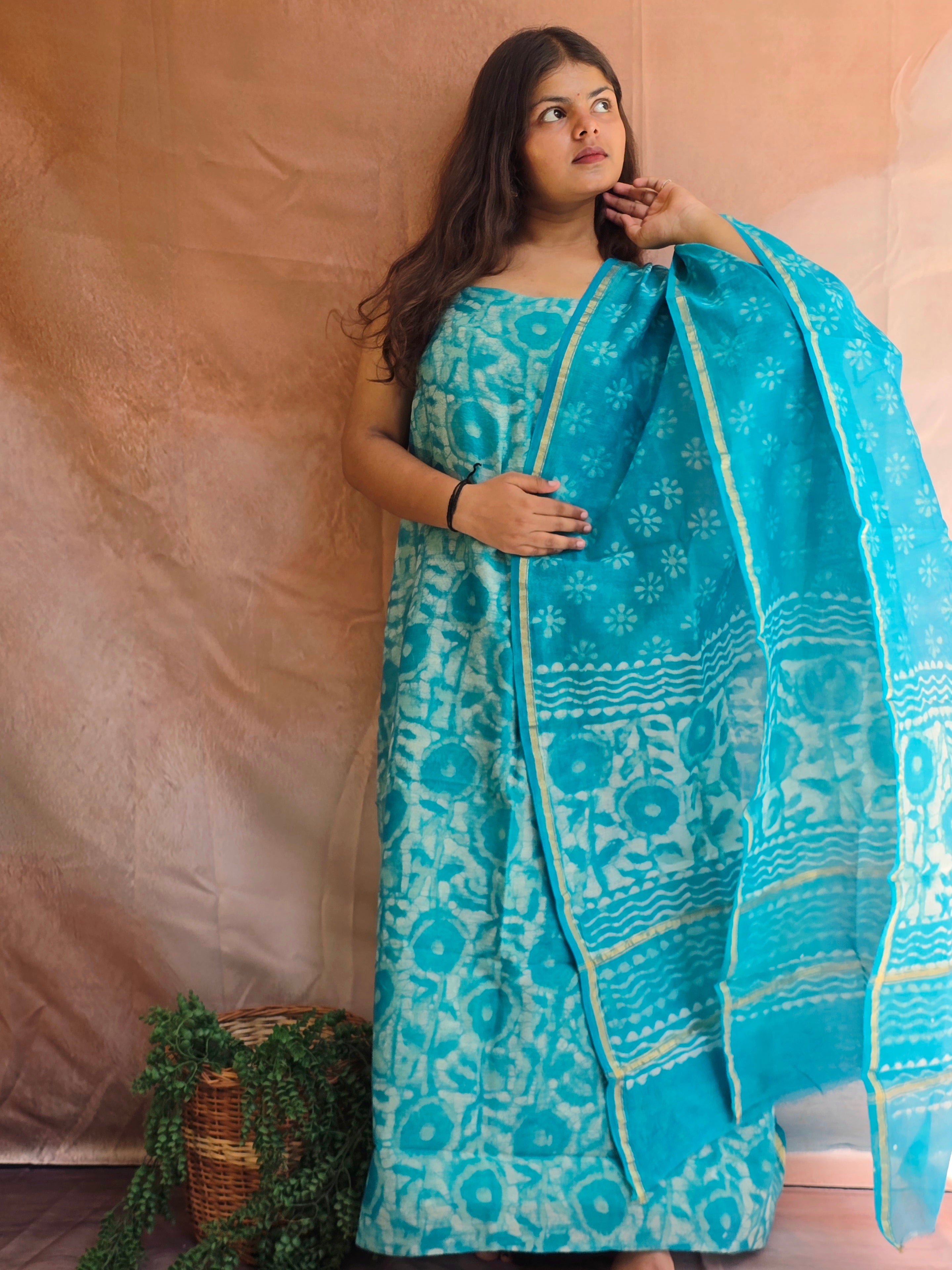 Handblock Printed Chanderi Dress Material Set - Blue