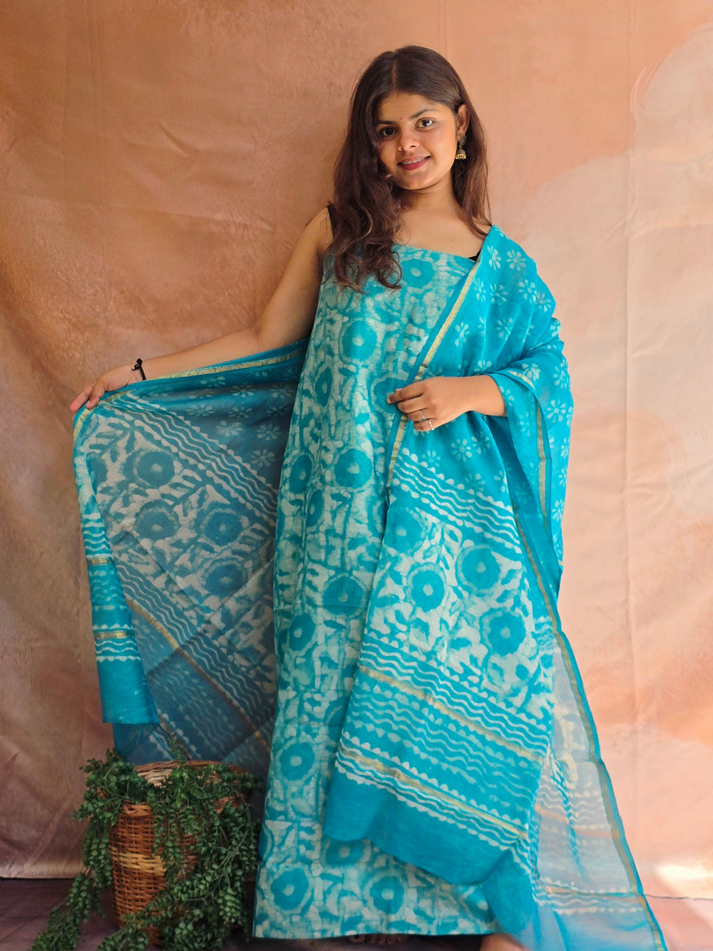 Handblock Printed Chanderi Dress Material Set - Blue