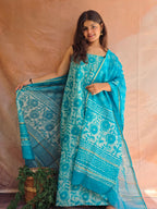 Handblock Printed Chanderi Dress Material Set - Blue