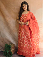 Handblock Printed Chanderi Dress Material Set - Orange
