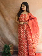 Handblock Printed Chanderi Dress Material Set - Orange