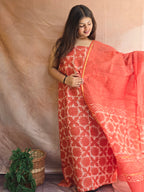 Handblock Printed Chanderi Dress Material Set - Orange