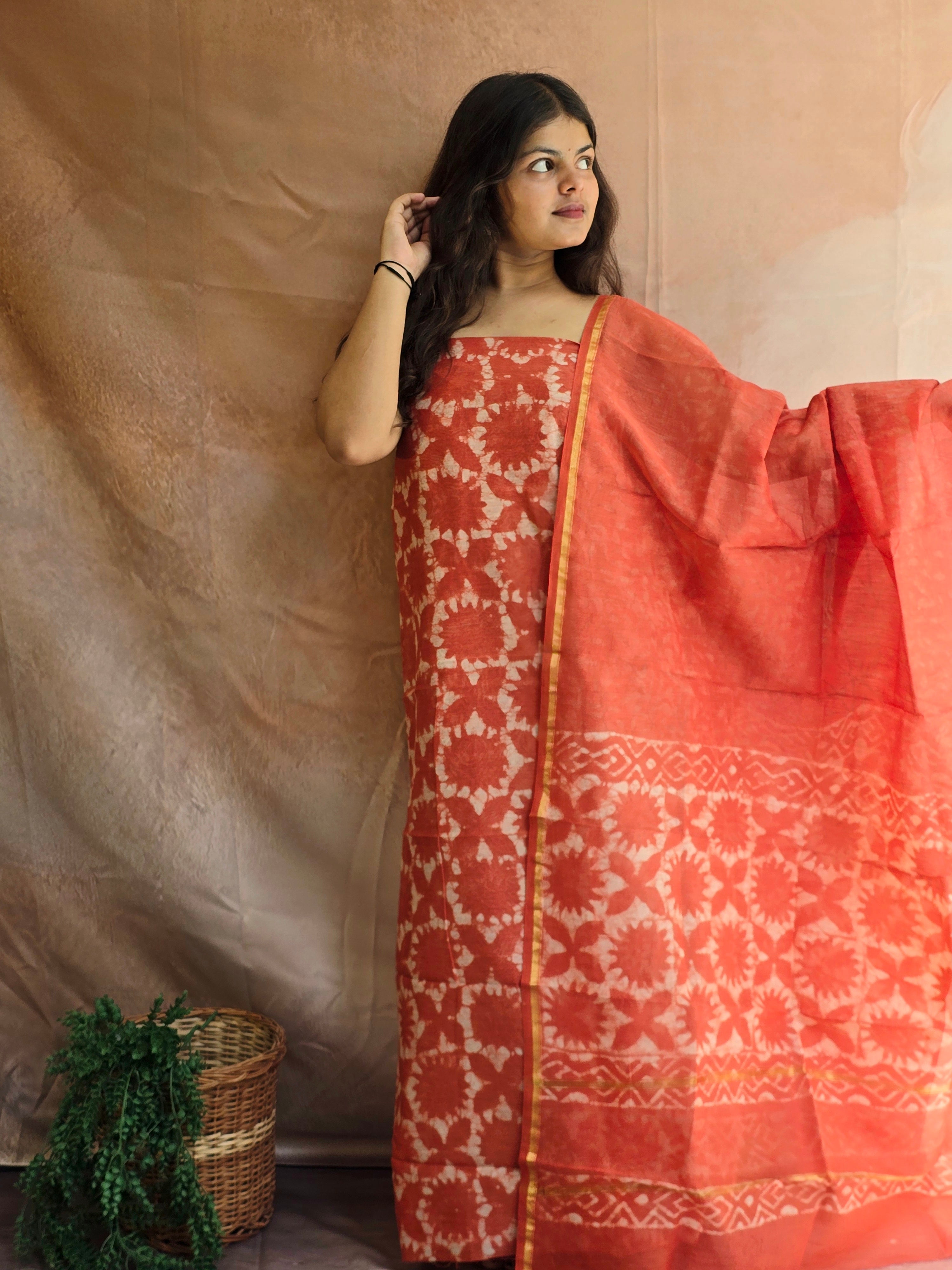 Handblock Printed Chanderi Dress Material Set - Orange