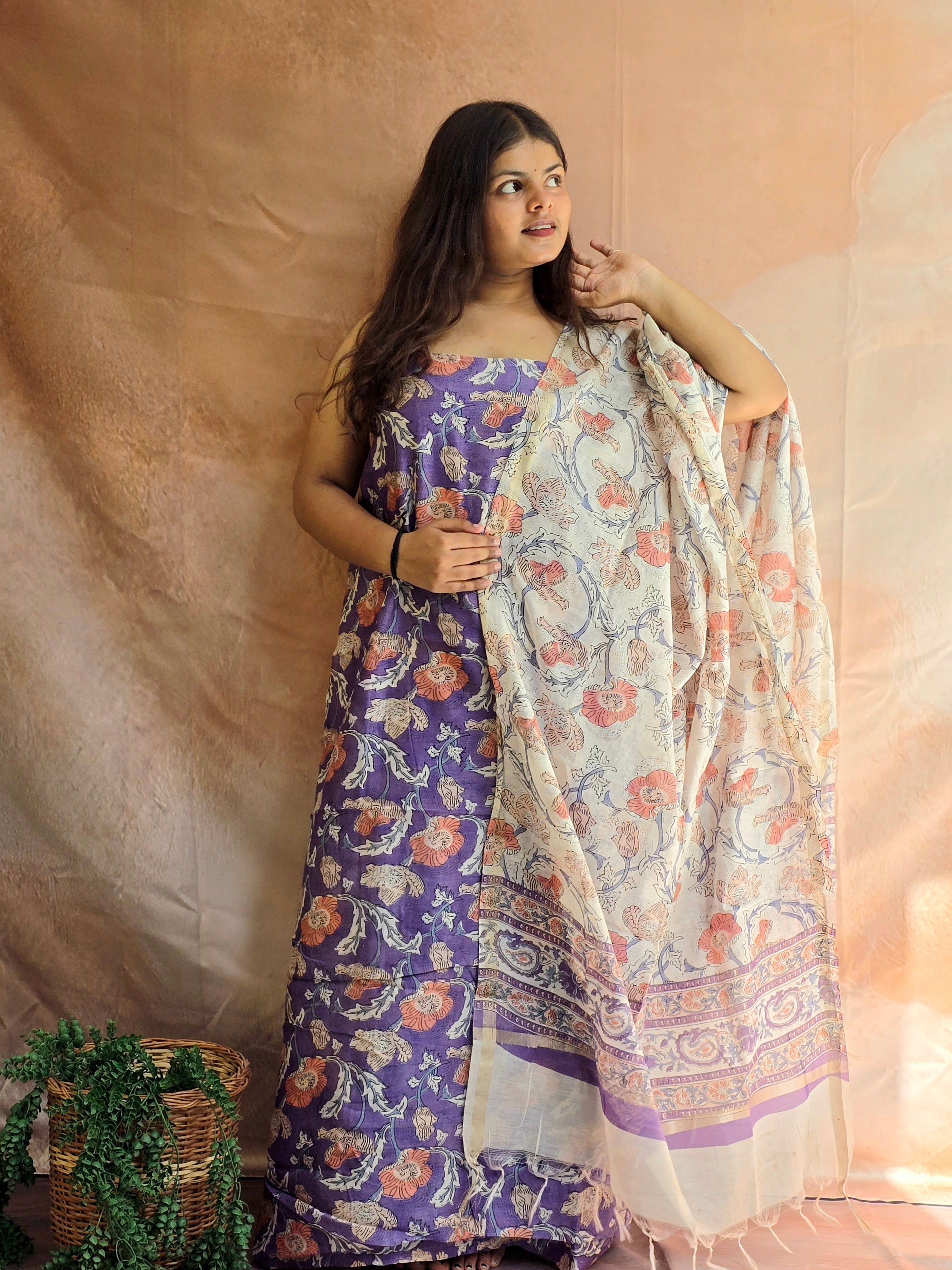 Handblock Printed Chanderi Dress Material Set - Purple