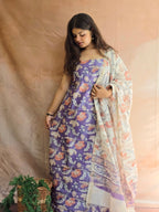 Handblock Printed Chanderi Dress Material Set - Purple