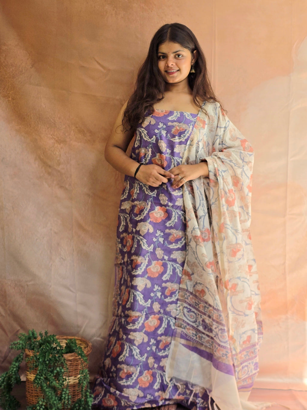 Handblock Printed Chanderi Dress Material Set - Purple