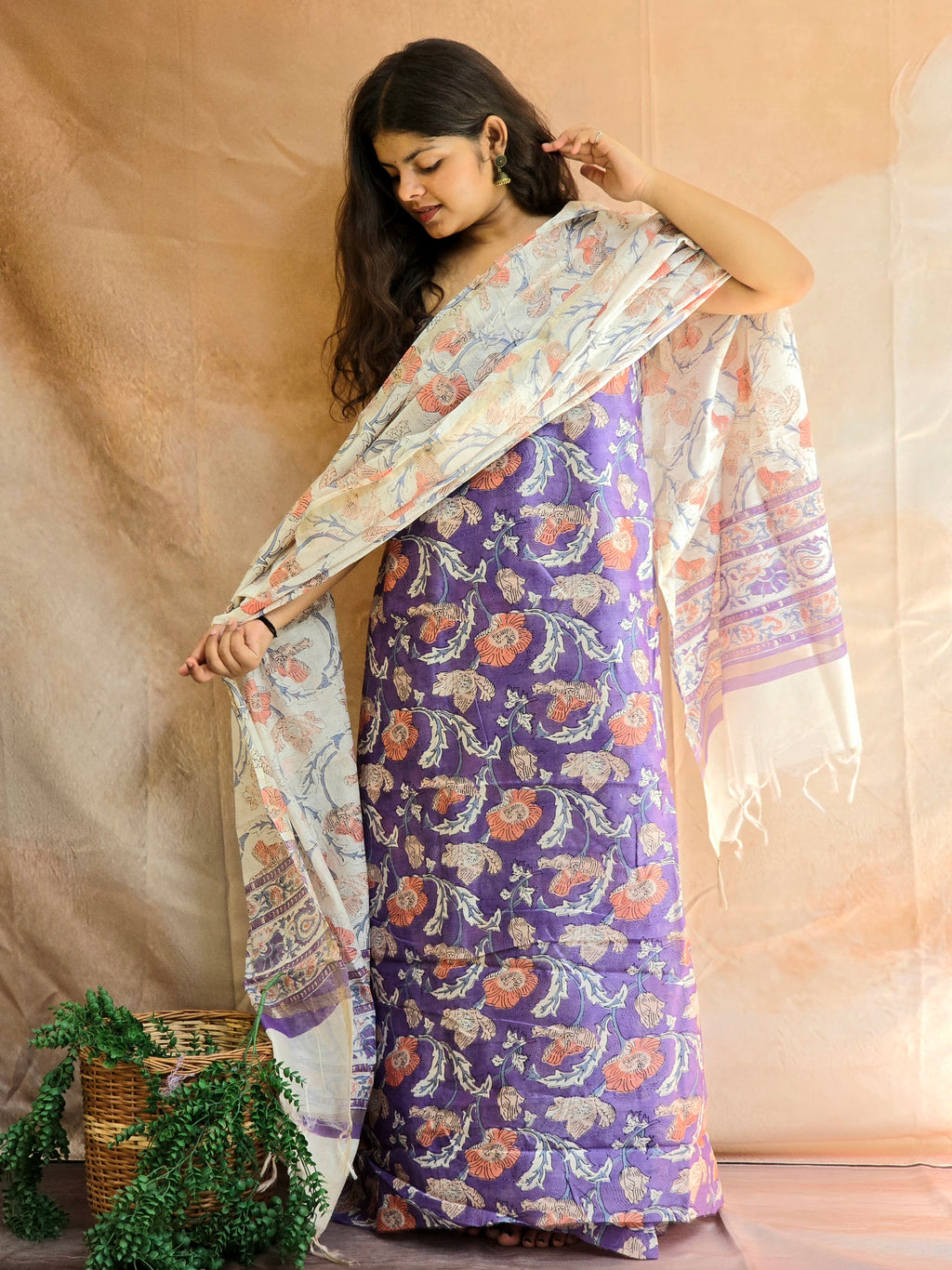 Handblock Printed Chanderi Dress Material Set - Purple
