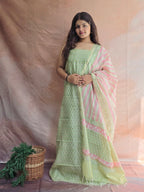 Handblock Printed Chanderi Dress Material Set - Green