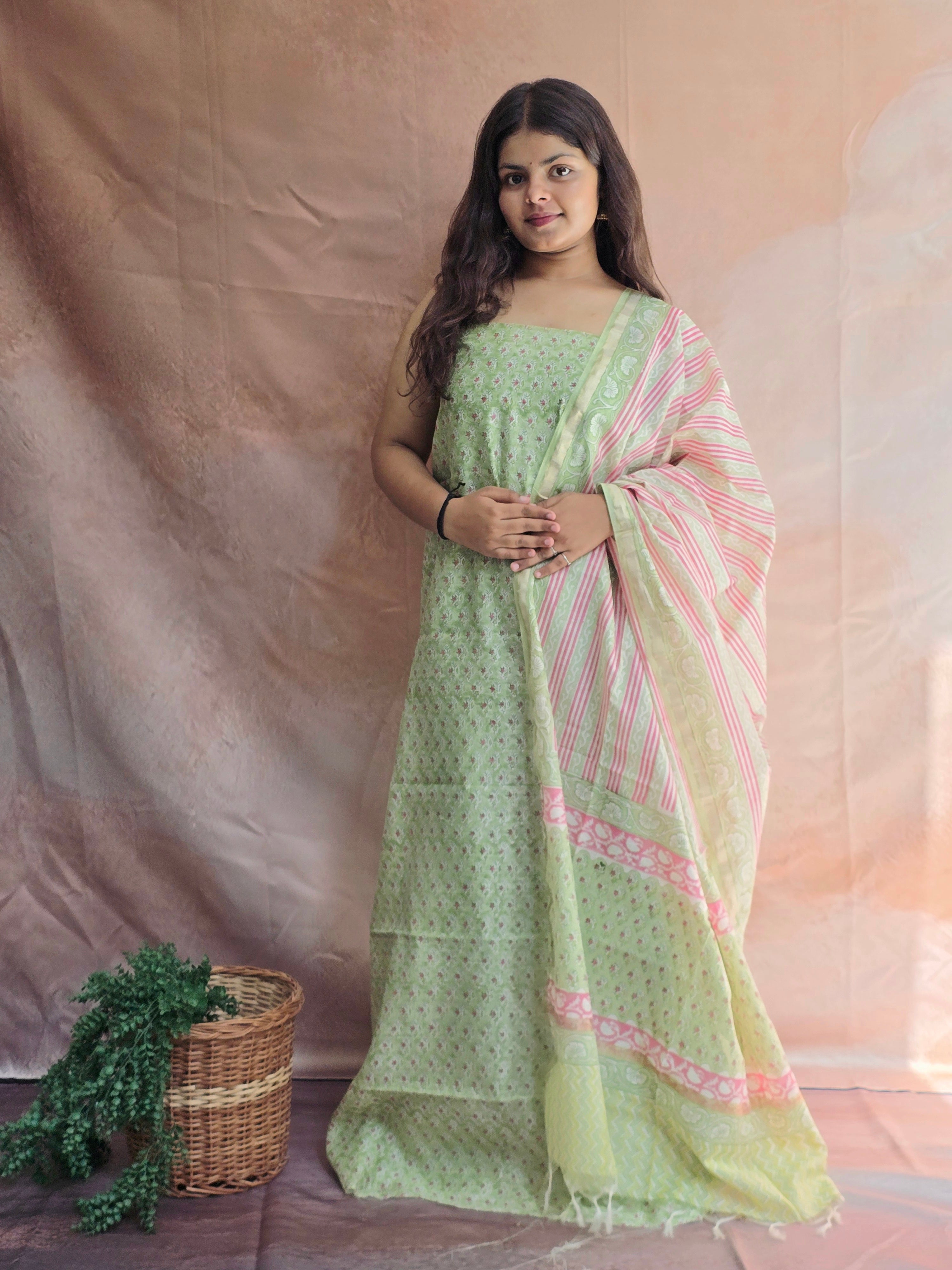 Handblock Printed Chanderi Dress Material Set - Green