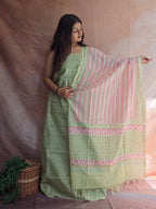 Handblock Printed Chanderi Dress Material Set - Green