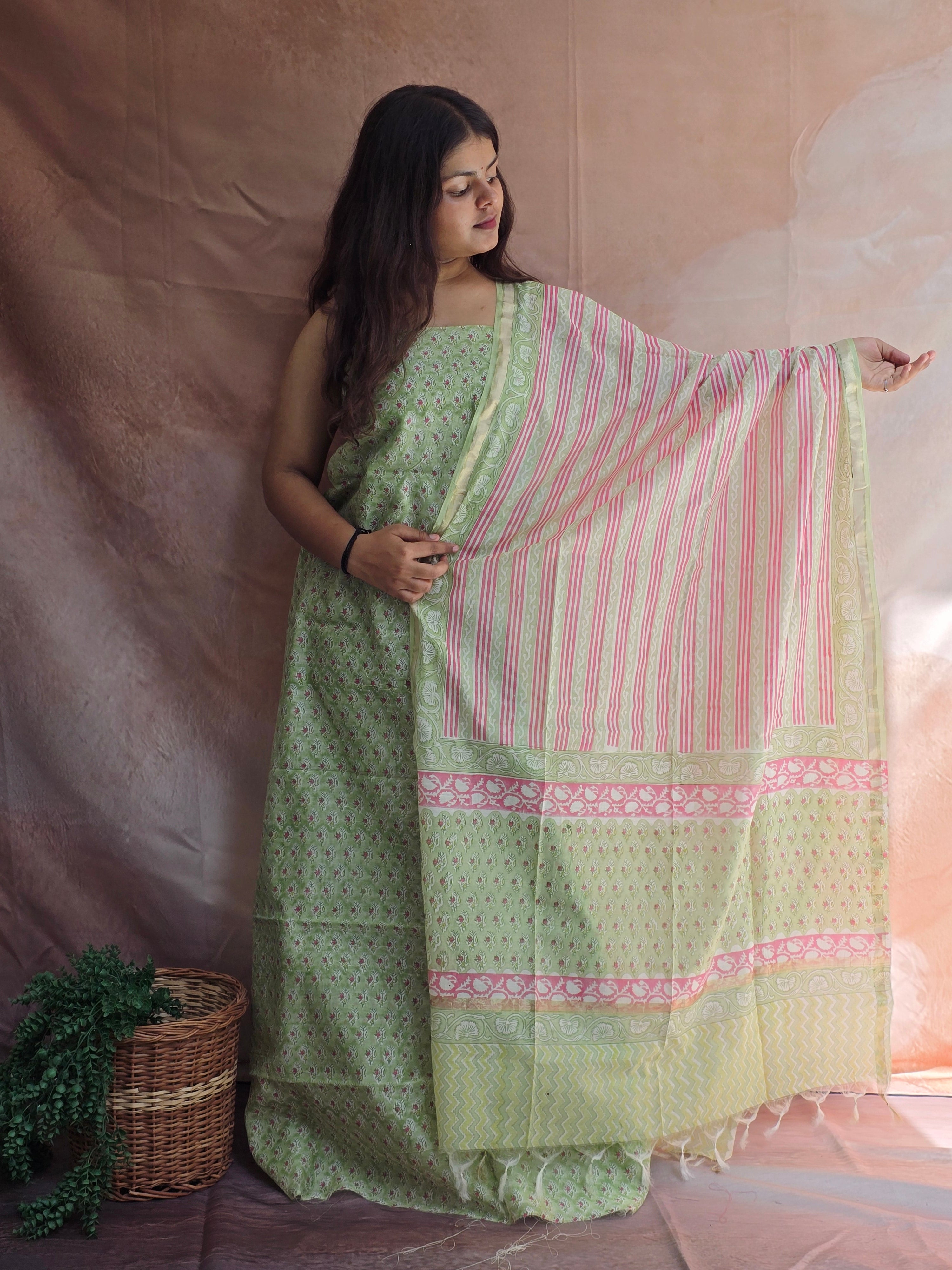 Handblock Printed Chanderi Dress Material Set - Green