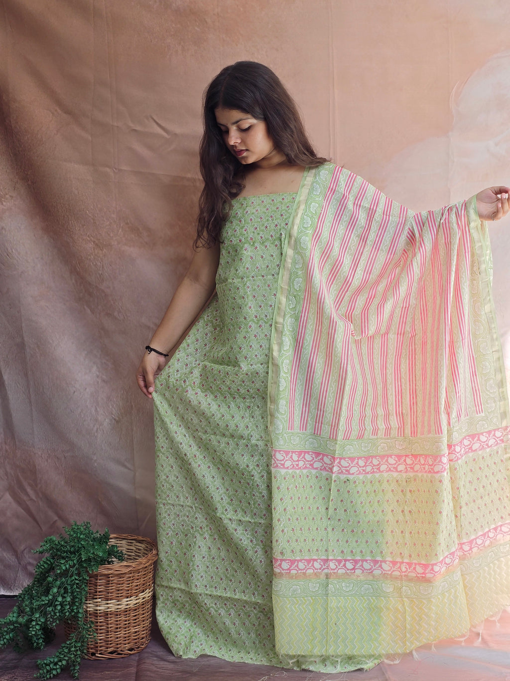 Handblock Printed Chanderi Dress Material Set - Green