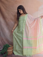 Handblock Printed Chanderi Dress Material Set - Green