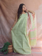 Handblock Printed Chanderi Dress Material Set - Green