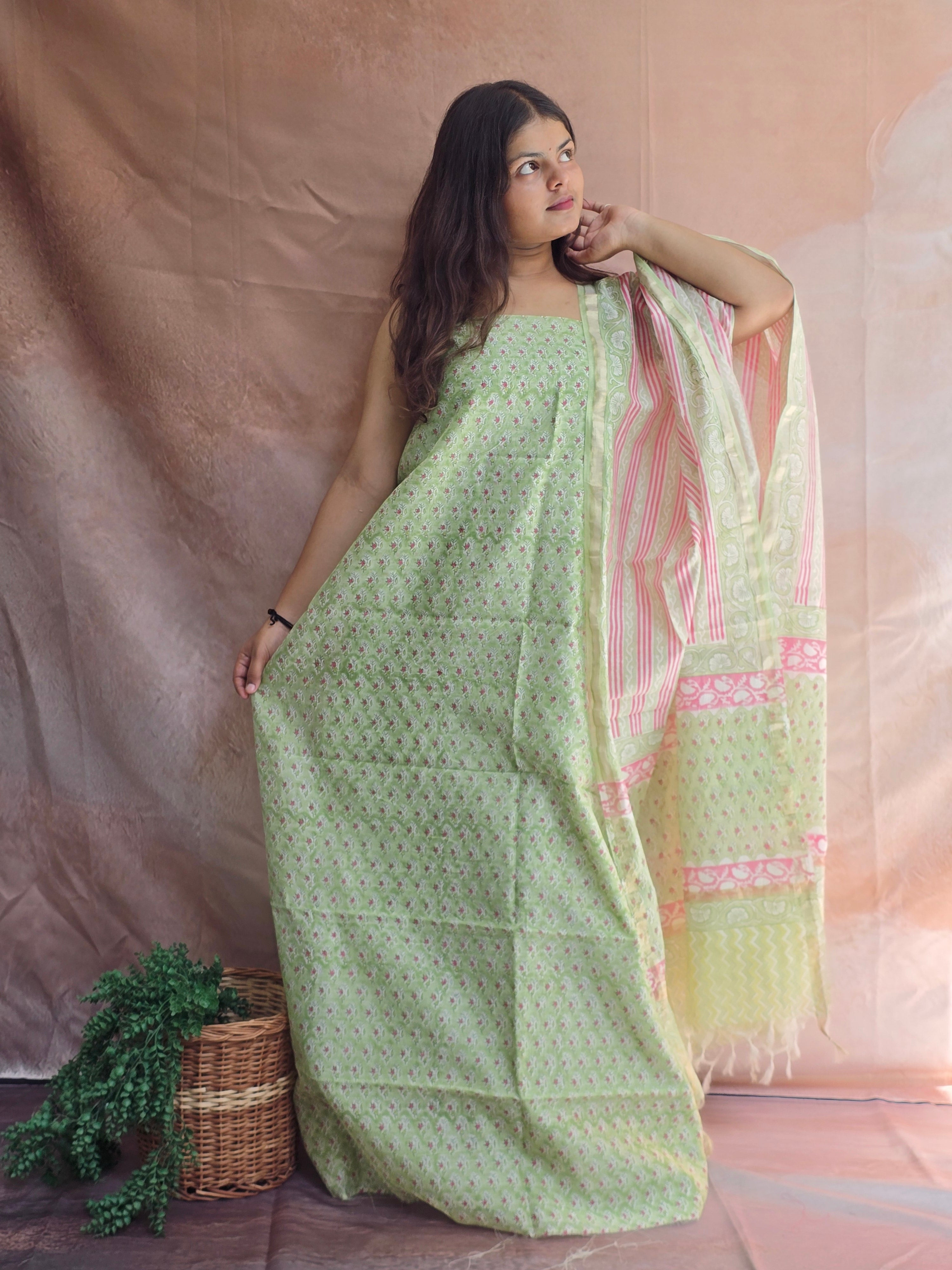 Handblock Printed Chanderi Dress Material Set - Green