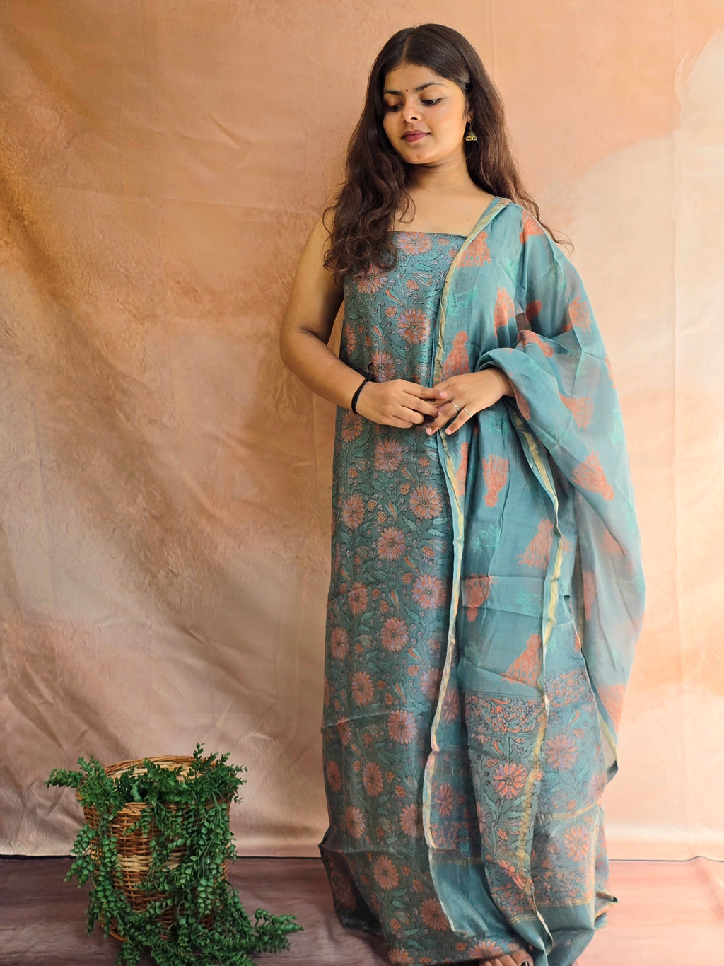 Handblock Printed Chanderi Dress Material Set - Green