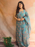 Handblock Printed Chanderi Dress Material Set - Green