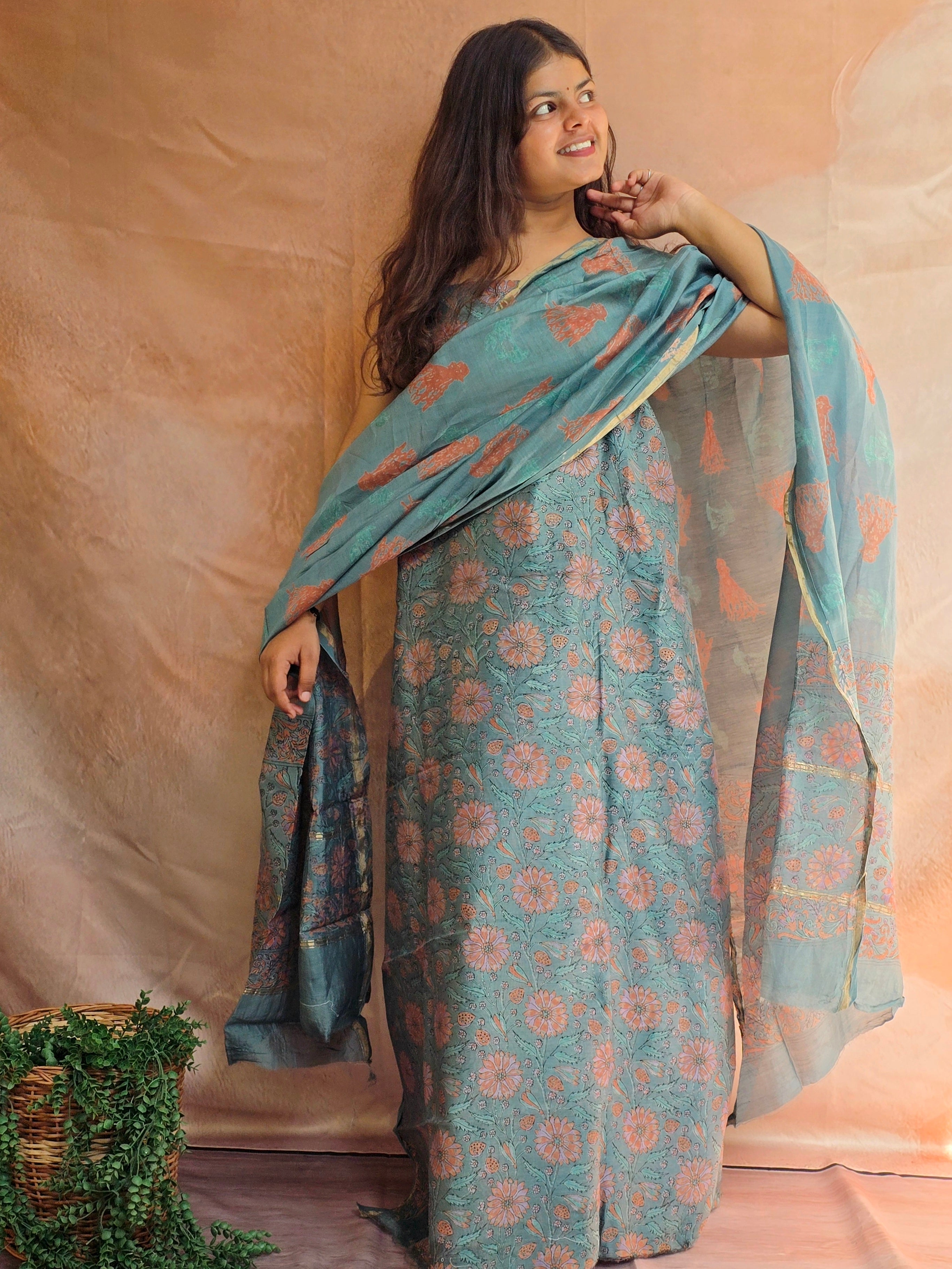 Handblock Printed Chanderi Dress Material Set - Green