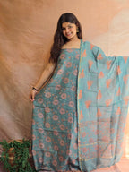 Handblock Printed Chanderi Dress Material Set - Green