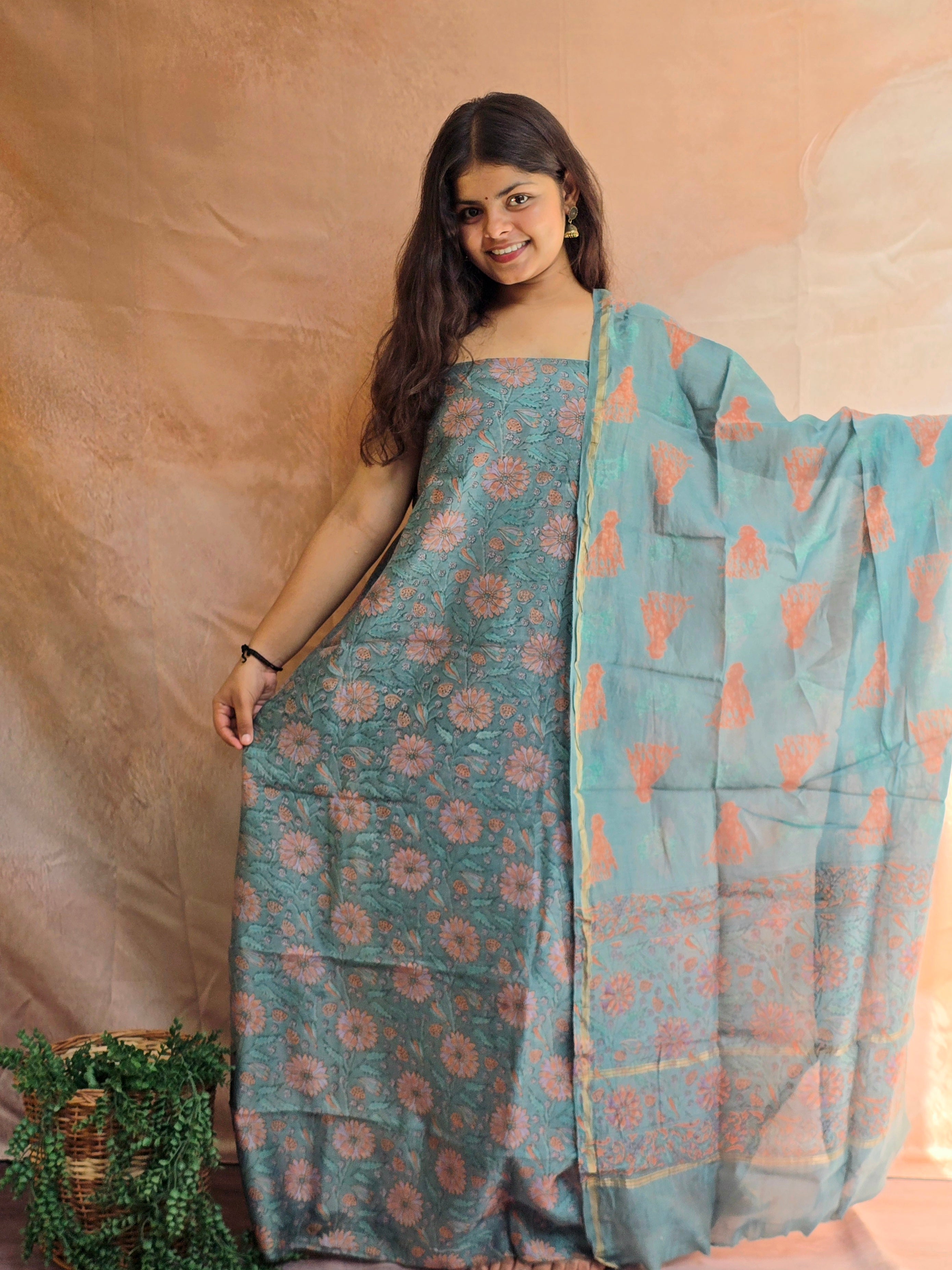 Handblock Printed Chanderi Dress Material Set - Green