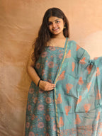 Handblock Printed Chanderi Dress Material Set - Green